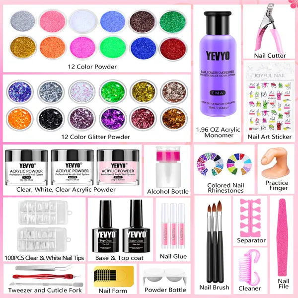 Acrylic Nail Kit, 24 Color Glitter Acrylic Powder Monomer Liquid Set, Nail Kit Set Professional with Everything Acrylic Brushes and 200 Pcs Nail Tips for Extension Beginner
