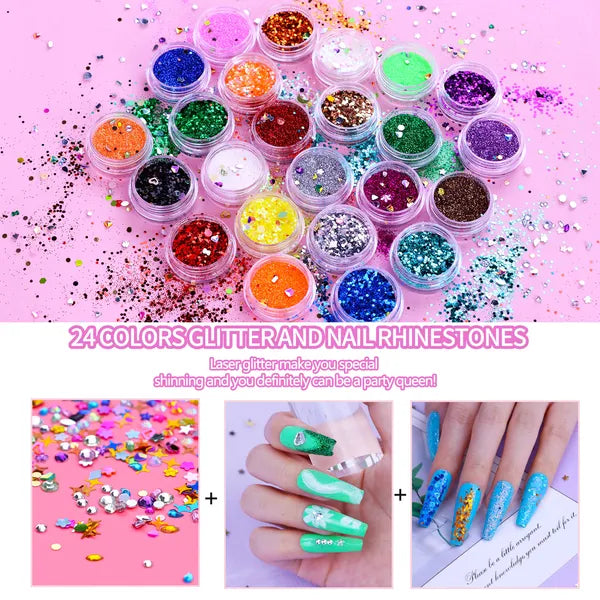 Acrylic Nail Kit, 24 Color Glitter Acrylic Powder Monomer Liquid Set, Nail Kit Set Professional with Everything Acrylic Brushes and 200 Pcs Nail Tips for Extension Beginner