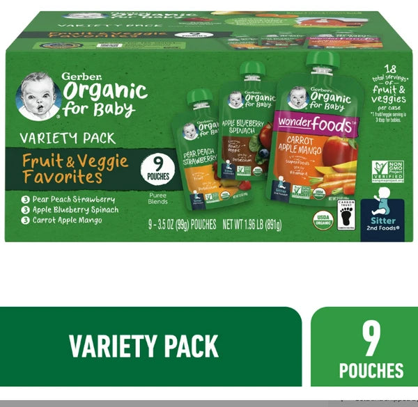 Gerber Organic Stage 2 Baby Food, Fruit & Veggie Favorites Variety Pack, 3.5 oz Pouch (9 Pack)