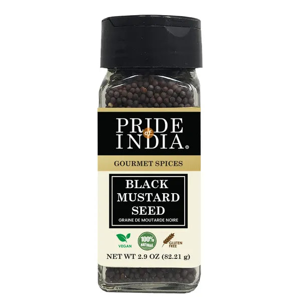 Pride of India | Black Mustard Seed 2.9 oz (82 gm) Small Dual Sifter Bottle | Gourmet & Vegan Indian Spice | Pungent/Spicy Flavor | Dry Seasoning | Gluten Free & Non-Bioengineered | Easy to Use