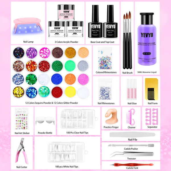 Professional Acrylic Nail Kit, with Pink Nail UV LED lamps, Acrylic Powders, Base Top Coat, Nail Tips, Rhinestones, Nail Decorations and Nail Art Tools