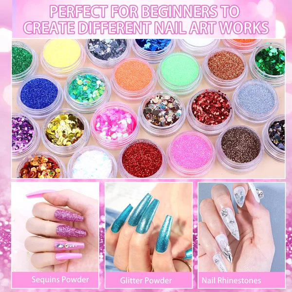 Professional Acrylic Nail Kit, with Pink Nail UV LED lamps, Acrylic Powders, Base Top Coat, Nail Tips, Rhinestones, Nail Decorations and Nail Art Tools
