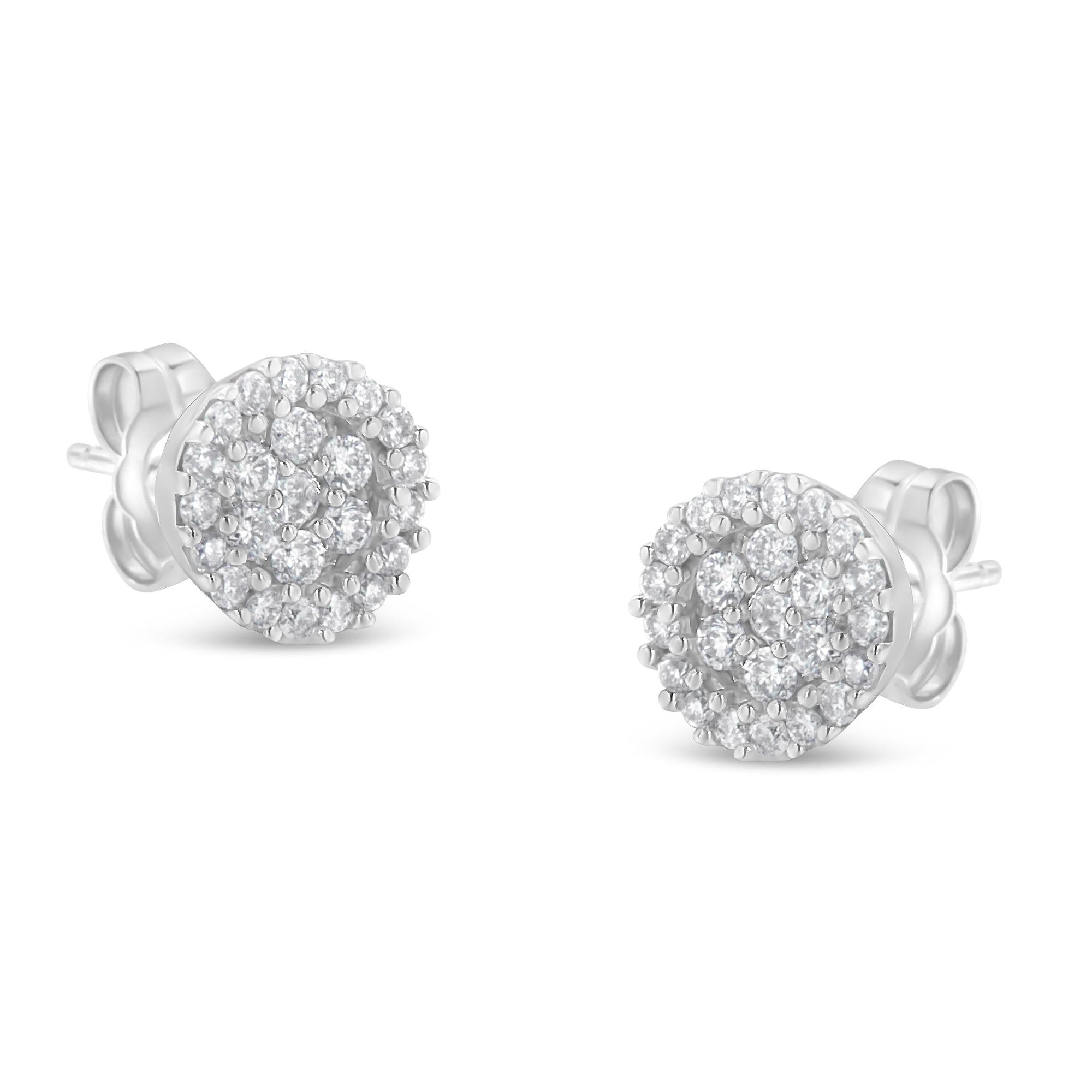 14K White Gold 1/2 Cttw Brilliant-Cut Diamond Halo-Style Cluster Round Button Stud Earrings (H-I Color, I1-I2 Clarity)-0