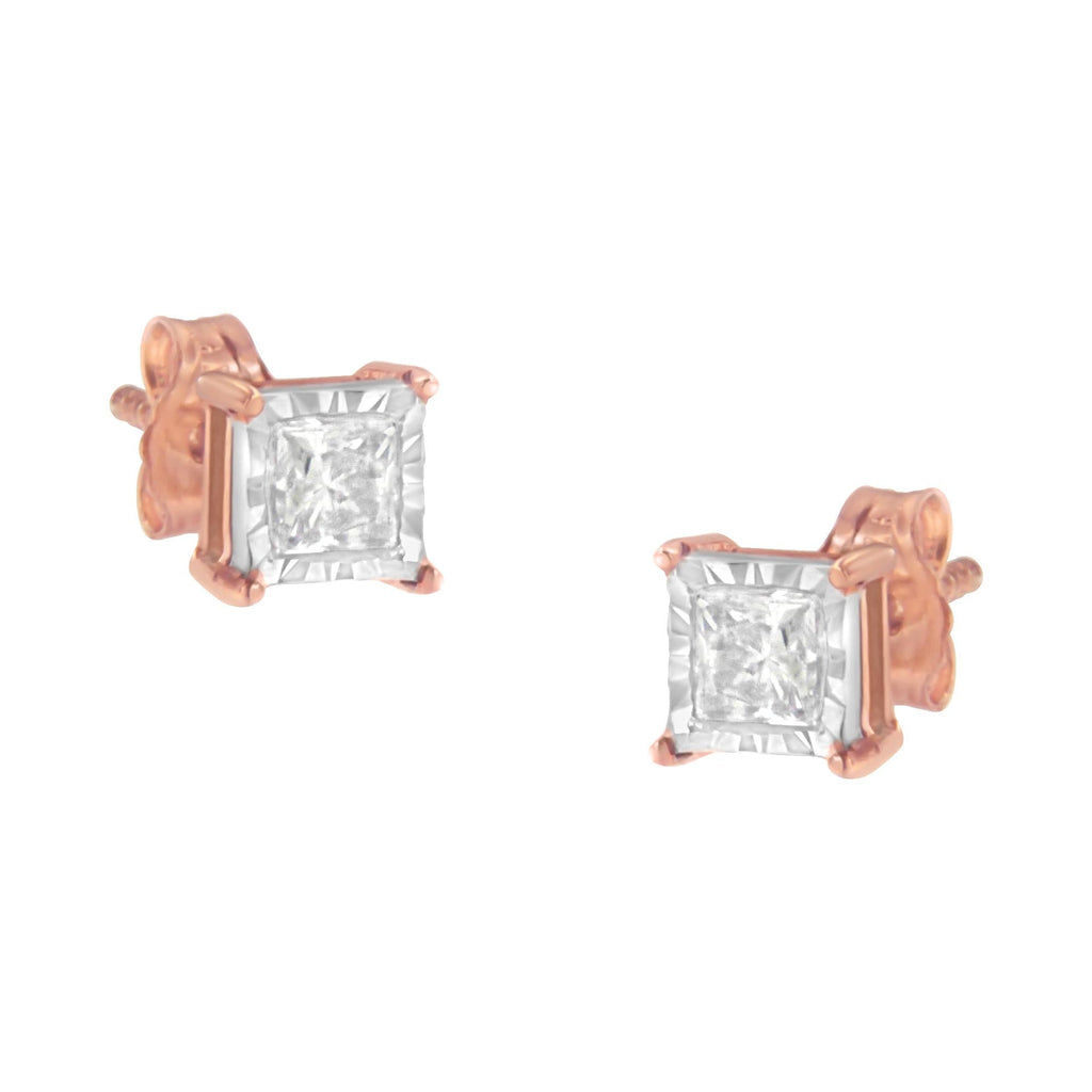 14K Rose Gold Plated Two-Tone .925 Sterling Silver 1/2 Cttw Princess-Cut Square Near Colorless Diamond Solitaire Miracle-Plate Stud Earrings (J-K Color, I2-I3 Clarity)-0