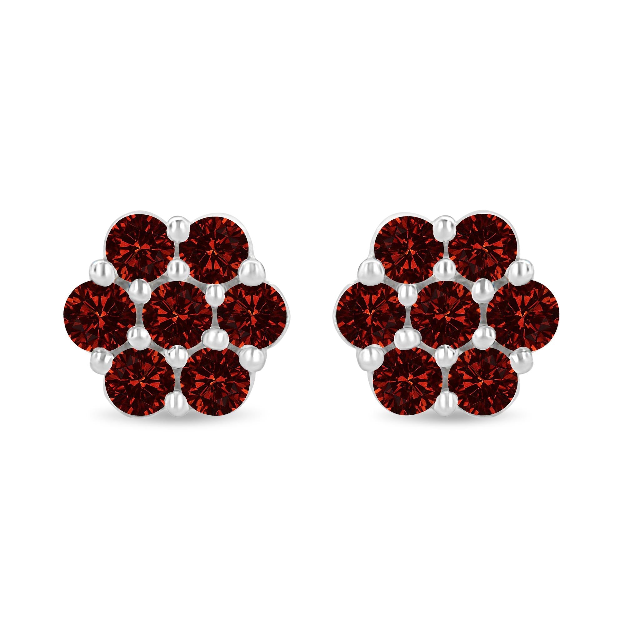 14K White Gold 1.0 Cttw Treated Red Diamond Prong Set 7 Stone Floral Stud Earrings (Treated Red Color, SI2-I1 Clarity)-0
