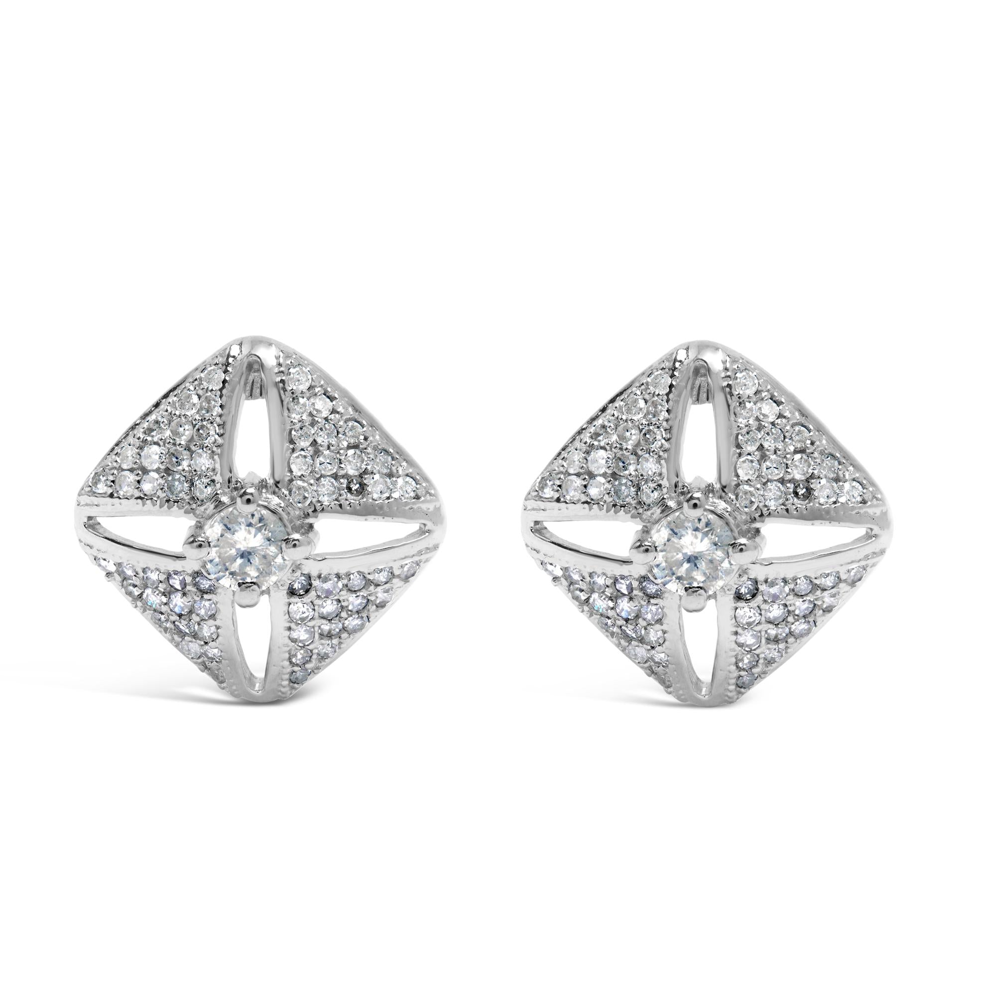 .925 Sterling Silver 1.0 Cttw Diamond Studded Rhombus Stud Earring (H-I Color, I2-I3 Clarity)-0