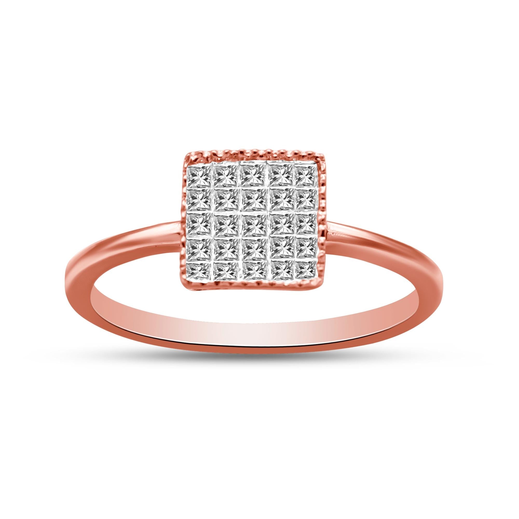 10K Rose Gold 1/3 Cttw Invisible Set Princess Cut Diamond Composite Square Shape Ring for Women (H-I color, I1-I2 clarity)-1