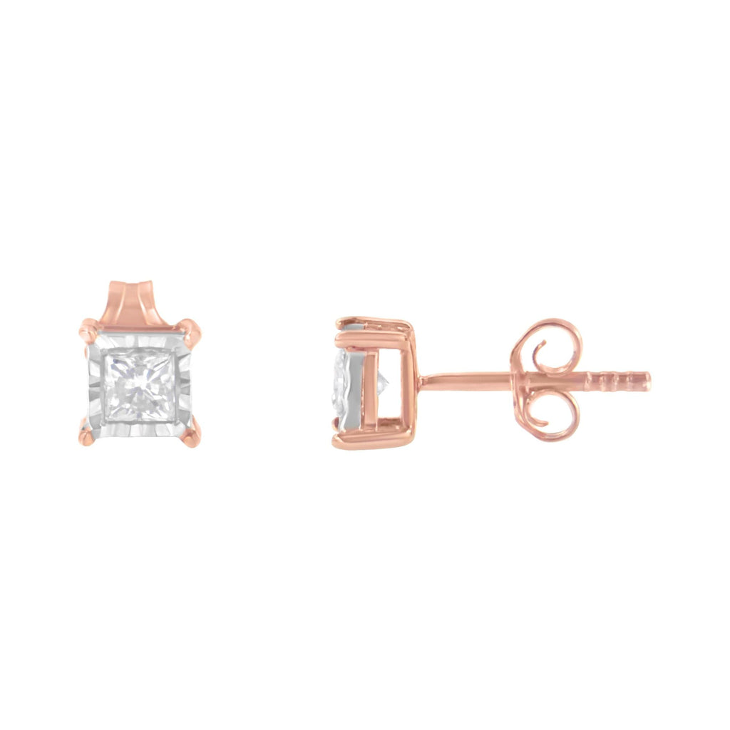 14K Rose Gold Plated Two-Tone .925 Sterling Silver 1/2 Cttw Princess-Cut Square Near Colorless Diamond Solitaire Miracle-Plate Stud Earrings (J-K Color, I2-I3 Clarity)-1