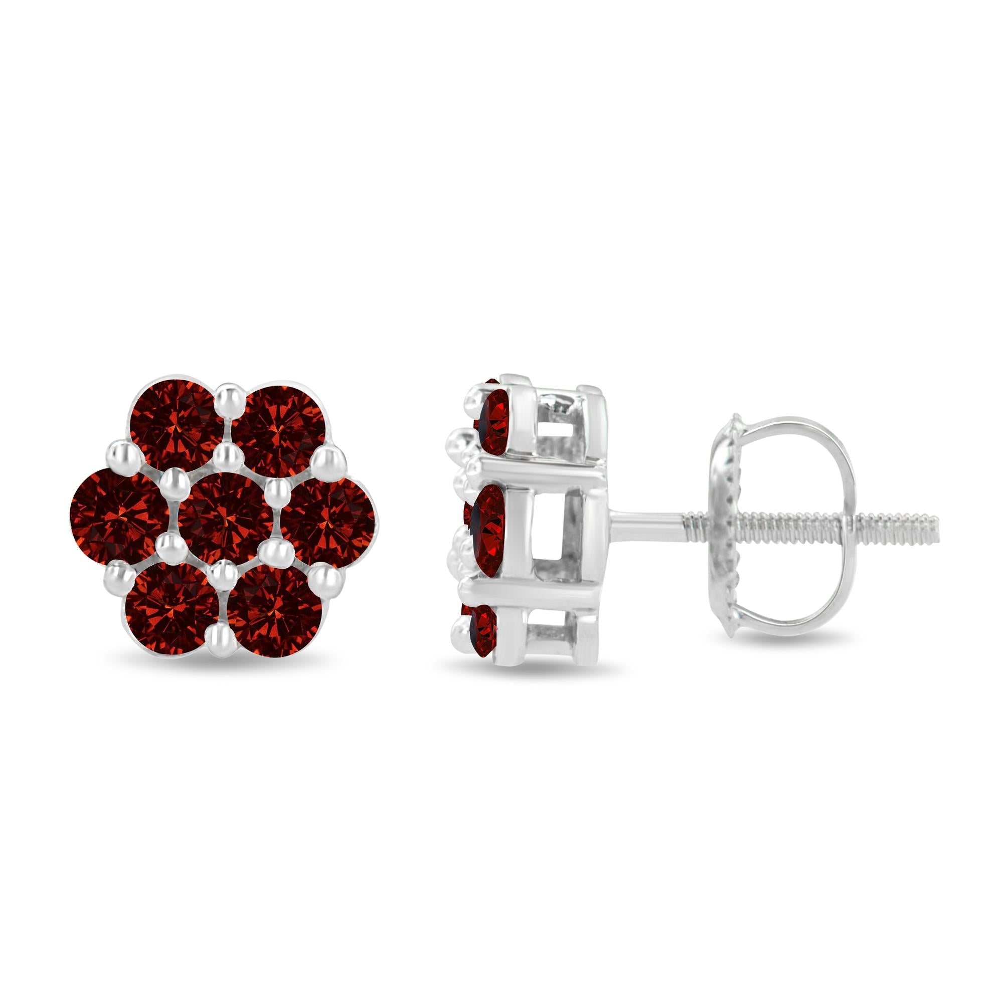 14K White Gold 1.0 Cttw Treated Red Diamond Prong Set 7 Stone Floral Stud Earrings (Treated Red Color, SI2-I1 Clarity)-1