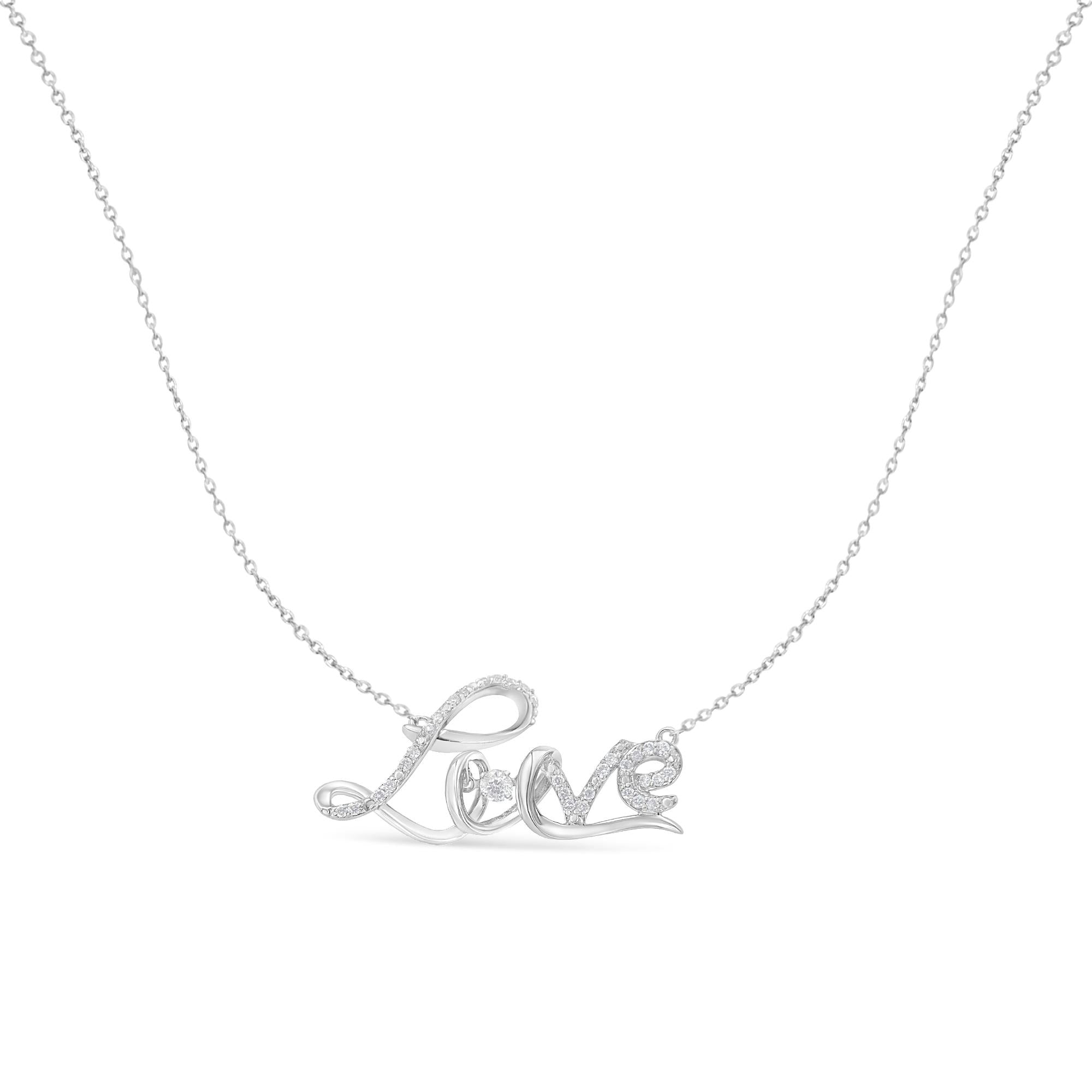 .925 Sterling Silver 1/4 Cttw Diamond Cursive "Love" 18" Pendant Necklace (H-I Color, I1-I2 Clarity)-1