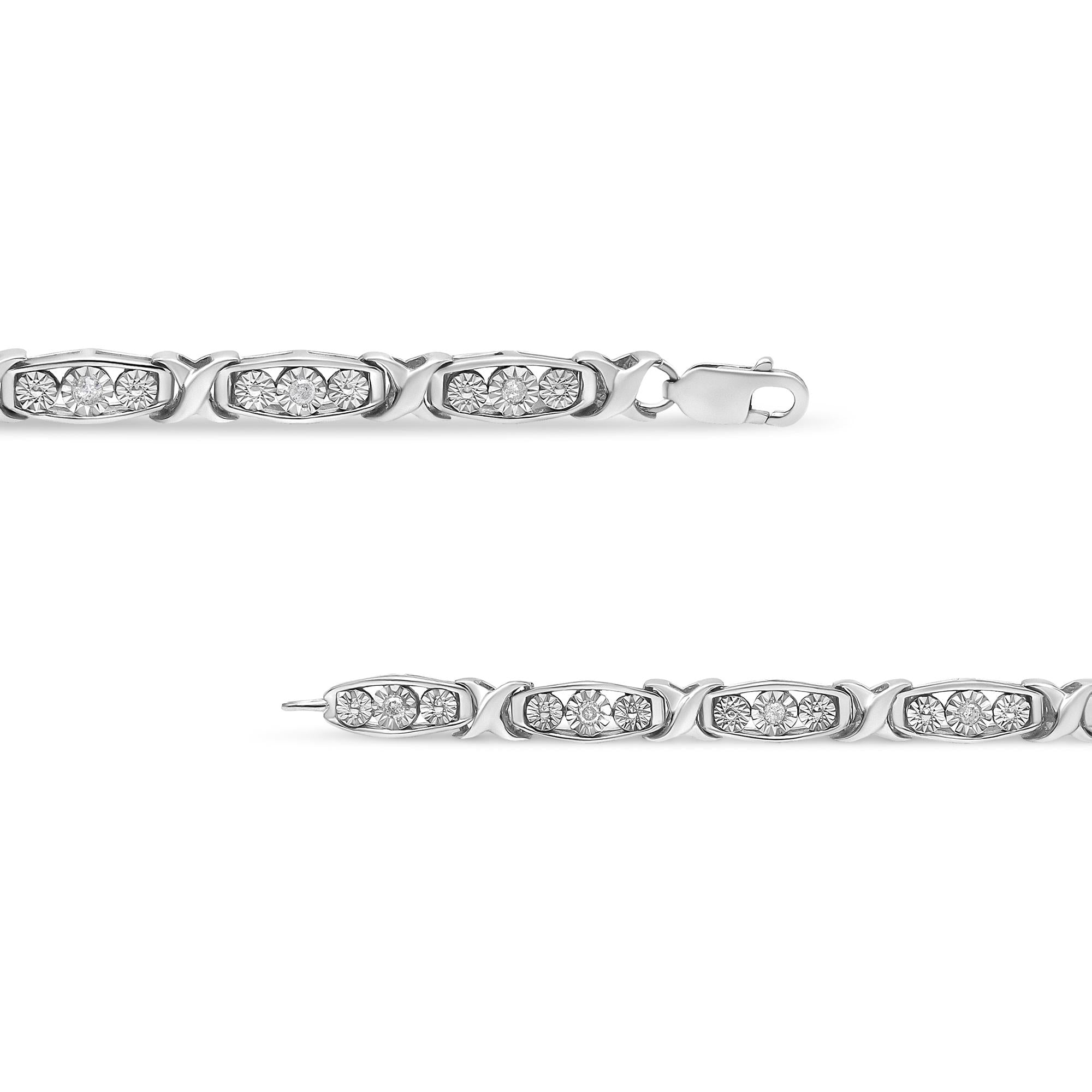 .925 Sterling Silver 1/10 Cttw Diamond Miracle Set 3 Stone Link Bracelet (I-J Color, I2-I3 Quality) - 7.25" Inches-2