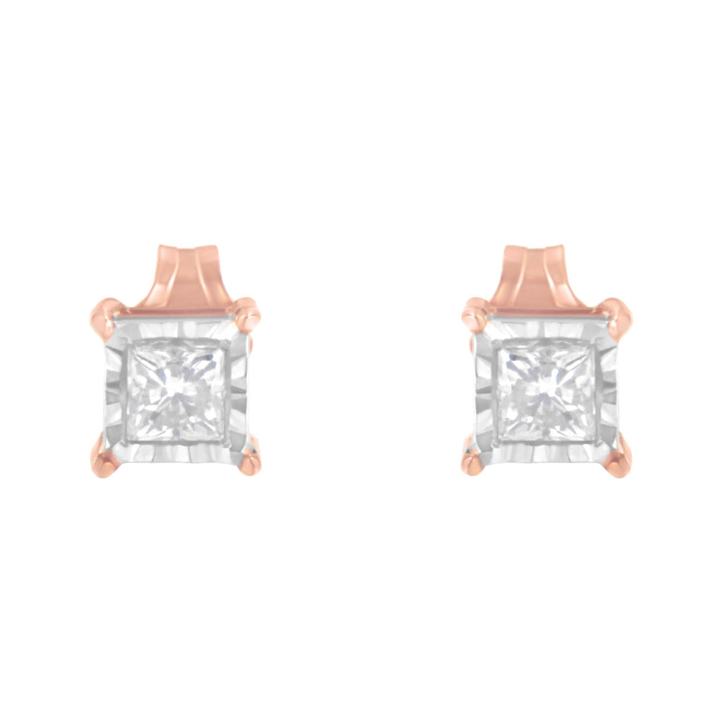 14K Rose Gold Plated Two-Tone .925 Sterling Silver 1/2 Cttw Princess-Cut Square Near Colorless Diamond Solitaire Miracle-Plate Stud Earrings (J-K Color, I2-I3 Clarity)-2