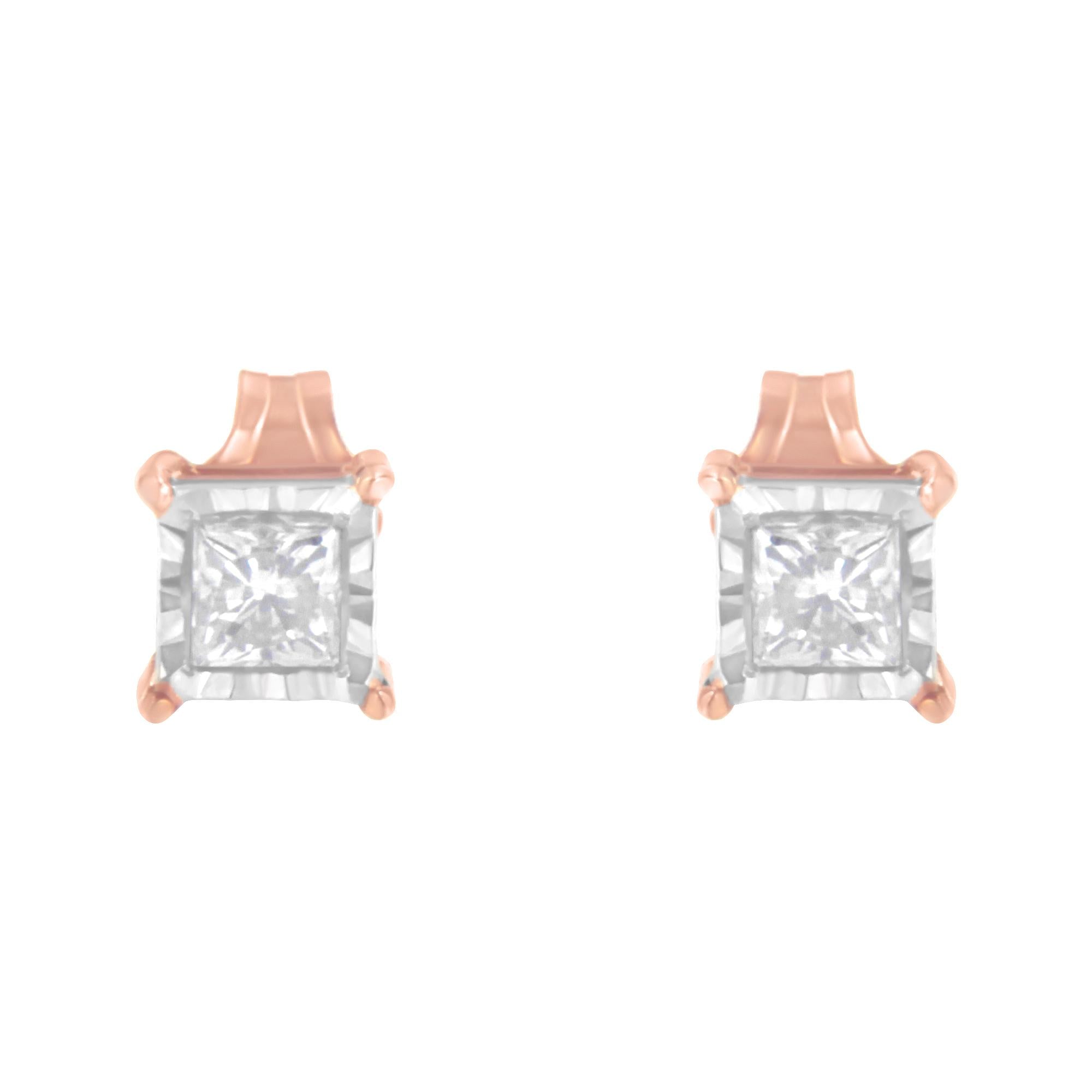 14K Rose Gold Plated Two-Tone .925 Sterling Silver 1/2 Cttw Princess-Cut Square Near Colorless Diamond Solitaire Miracle-Plate Stud Earrings (J-K Color, I2-I3 Clarity)-2