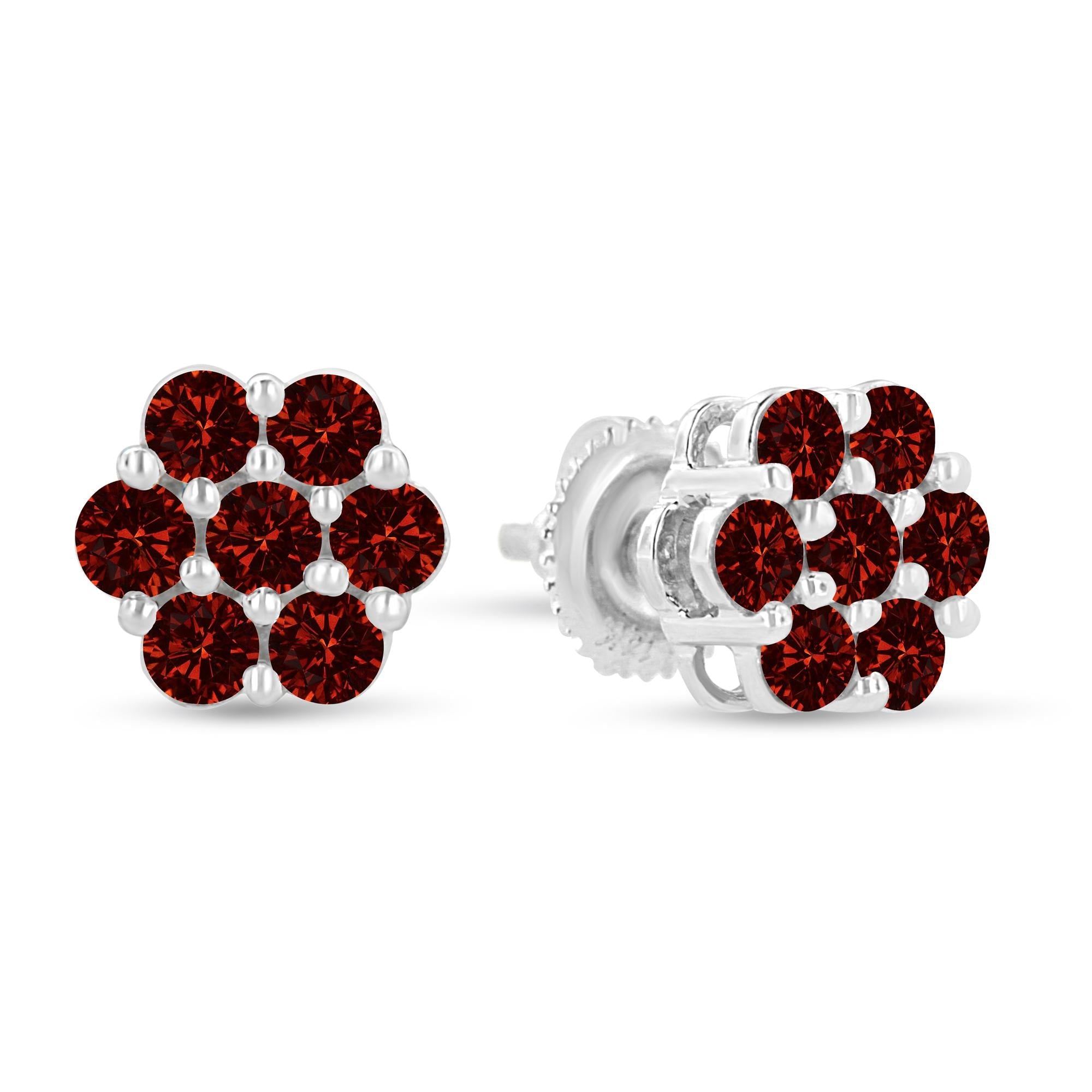 14K White Gold 1.0 Cttw Treated Red Diamond Prong Set 7 Stone Floral Stud Earrings (Treated Red Color, SI2-I1 Clarity)-2