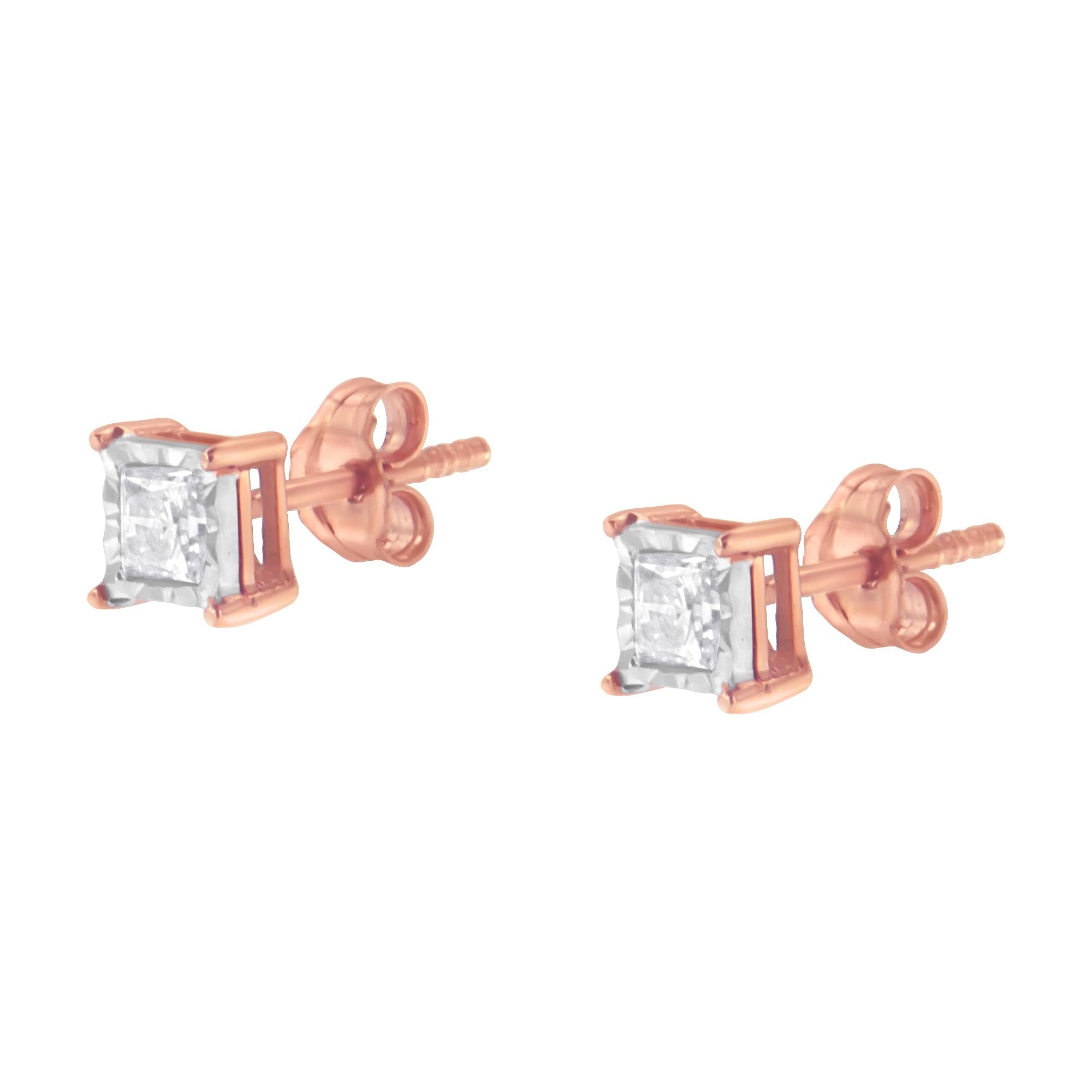 14K Rose Gold Plated Two-Tone .925 Sterling Silver 1/2 Cttw Princess-Cut Square Near Colorless Diamond Solitaire Miracle-Plate Stud Earrings (J-K Color, I2-I3 Clarity)-3