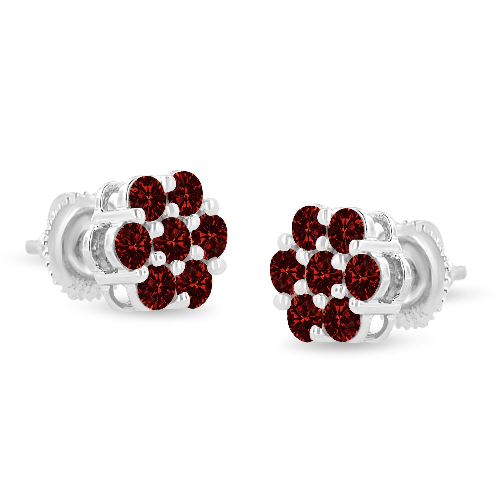 14K White Gold 1.0 Cttw Treated Red Diamond Prong Set 7 Stone Floral Stud Earrings (Treated Red Color, SI2-I1 Clarity)-3