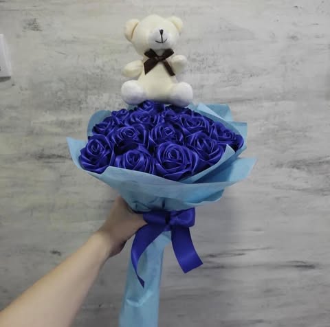 Handmade Satin Rose Bouquet with Teddy Bear
