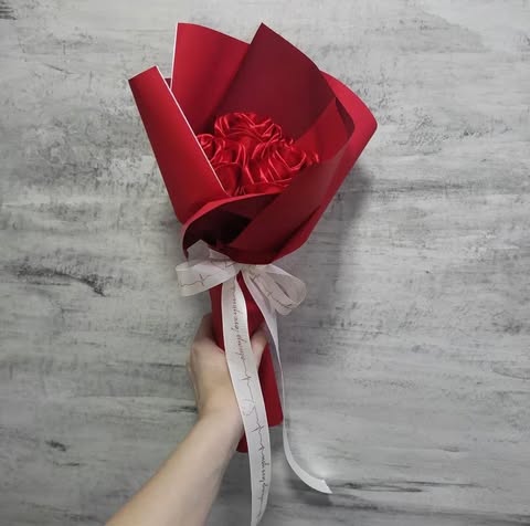 Handmade Satin Rose Bouquet with Teddy Bear