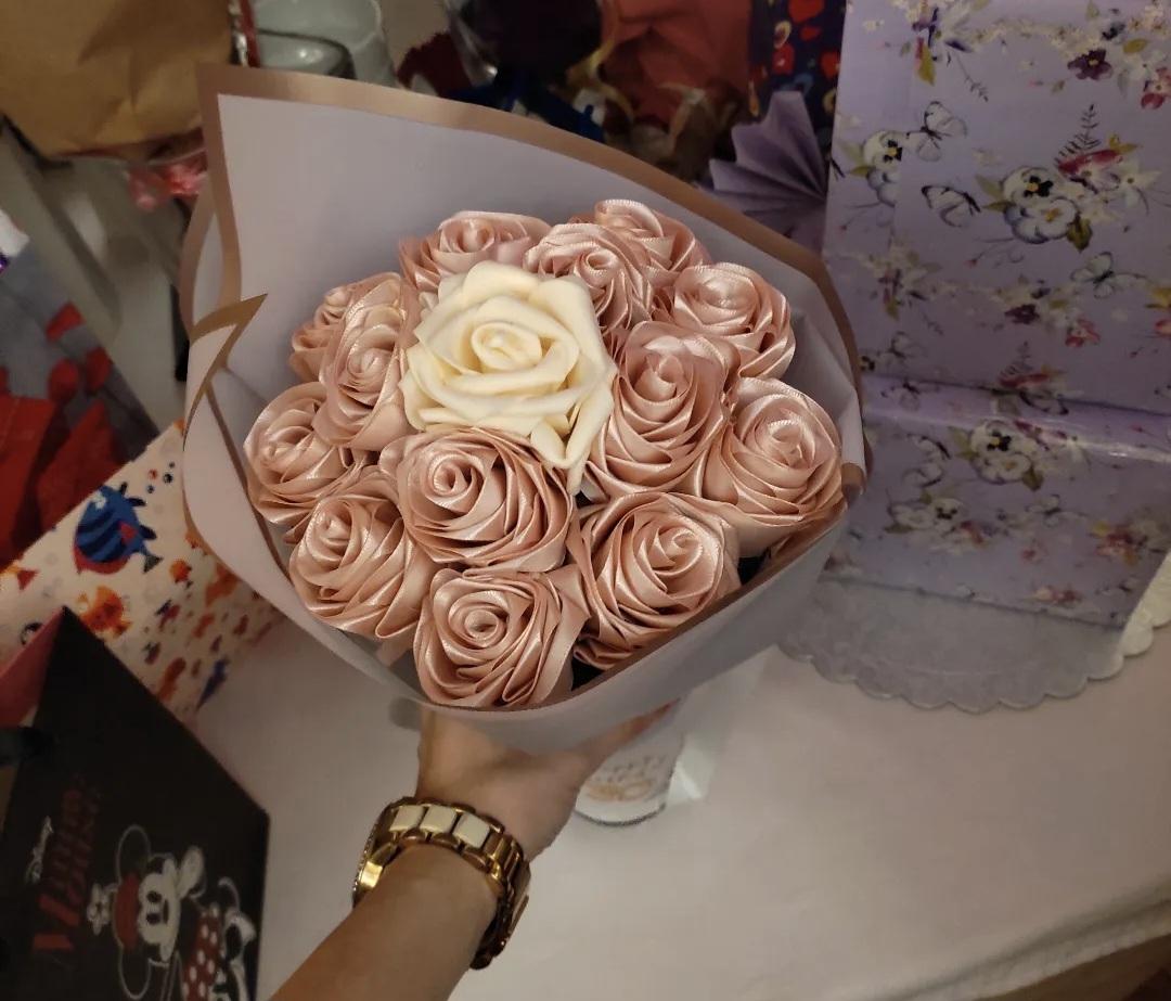 Luxury Handmade Satin Rose Bouquet with One Real Rose