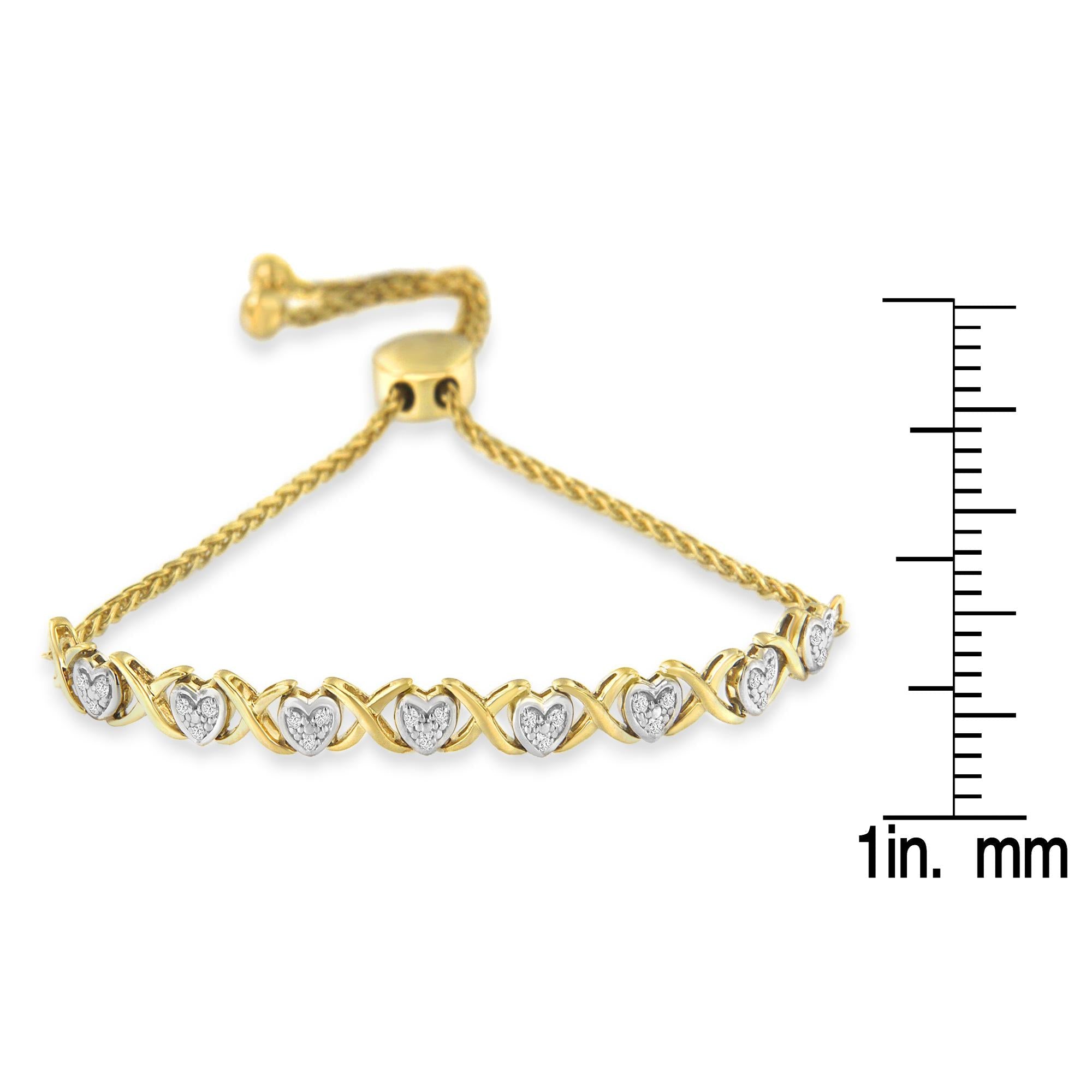 10K Yellow Gold over .925 Sterling Silver 1/10 Cttw Diamond Heart and X-Link 6”-9” Adjustable Bolo Bracelet (H-I Color, I2-I3 Clarity)-3