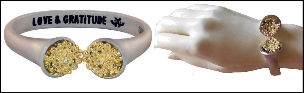 Bowl of Overflowing Diamonds Bracelet. Sterling cuff with 18K gold dots of diamonds-5