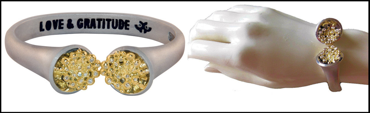 Bowl of Overflowing Diamonds Bracelet. Sterling cuff with 18K gold dots of diamonds-5