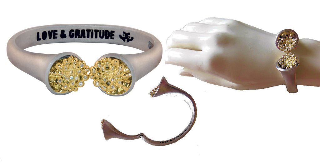 Bowl of Overflowing Diamonds Bracelet. Sterling cuff with 18K gold dots of diamonds-3