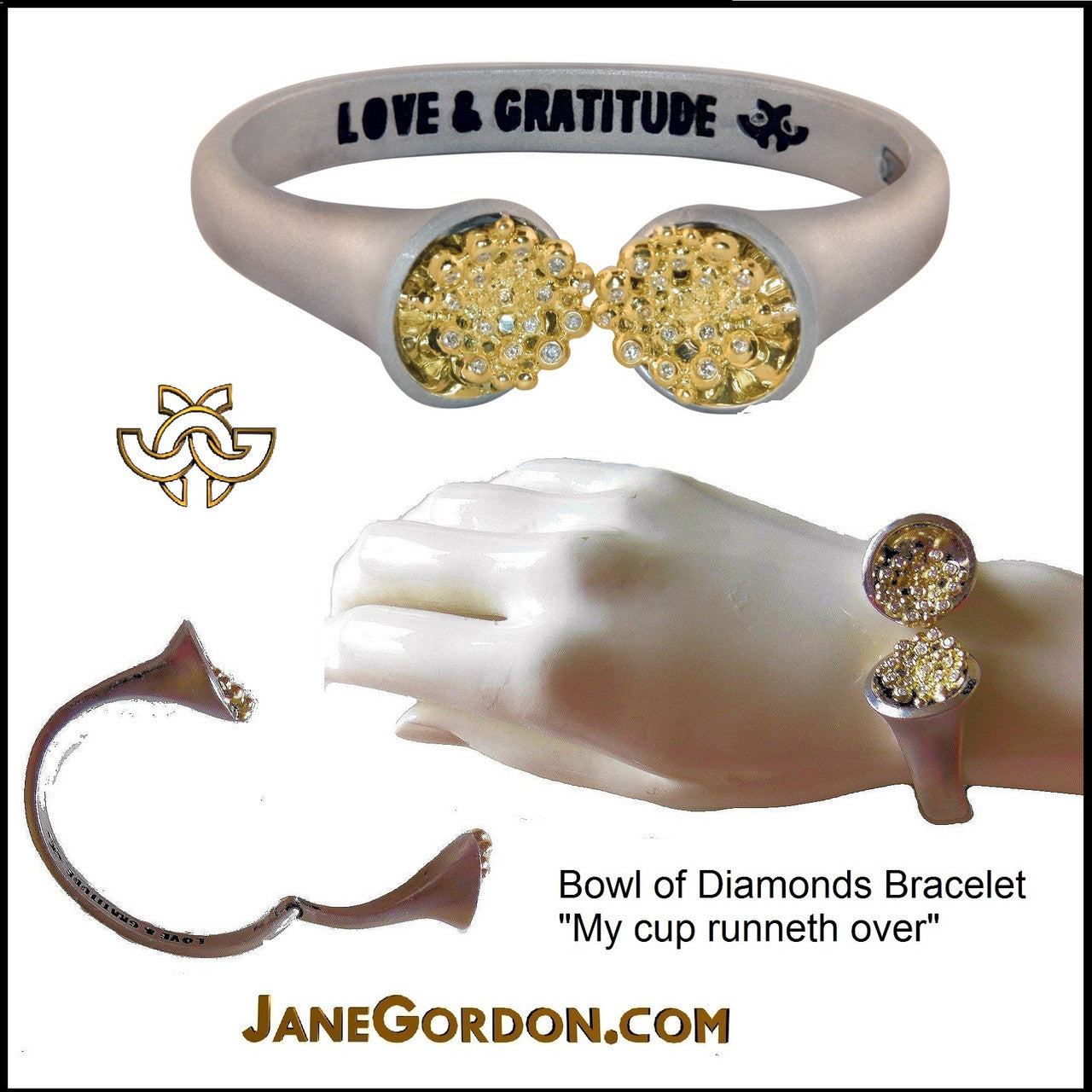 Bowl of Overflowing Diamonds Bracelet. Sterling cuff with 18K gold dots of diamonds-9