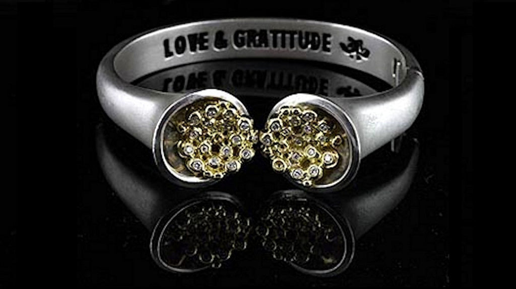 Bowl of Overflowing Diamonds Bracelet. Sterling cuff with 18K gold dots of diamonds-2