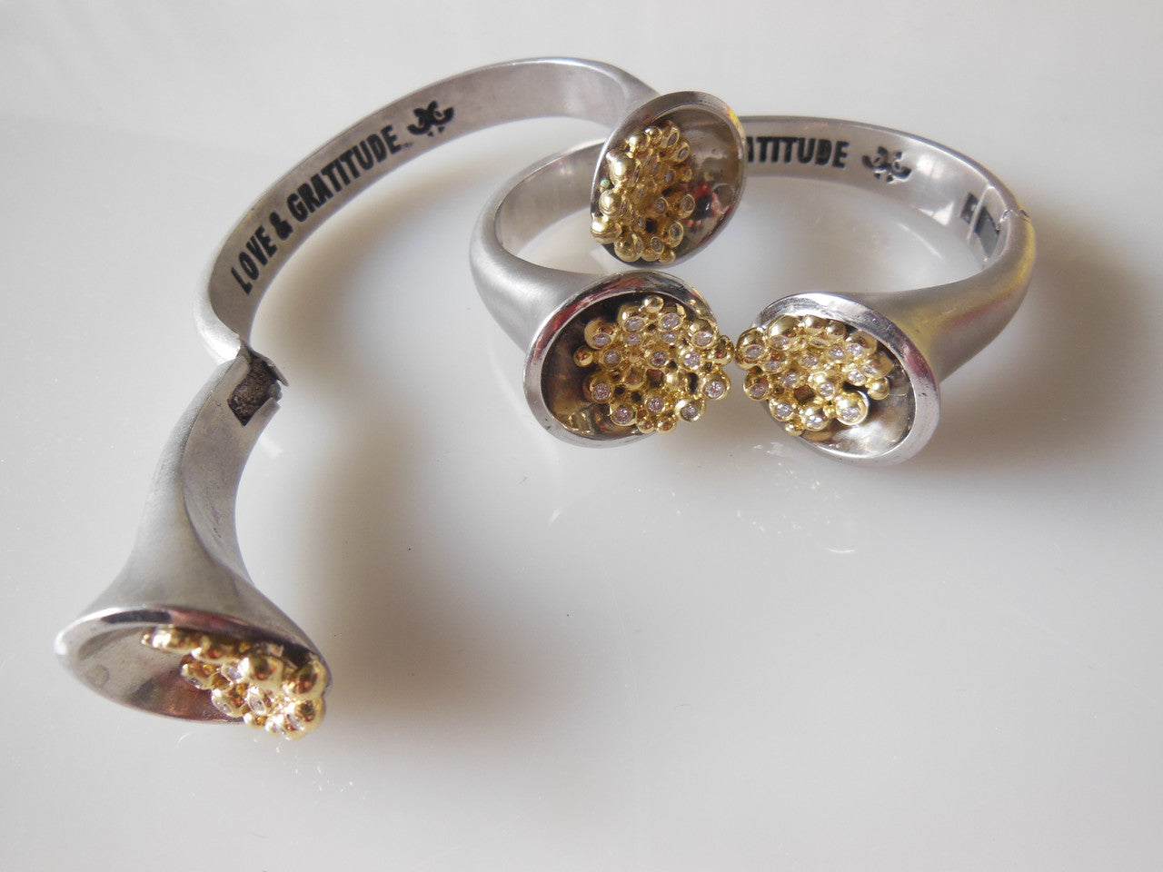 Bowl of Overflowing Diamonds Bracelet. Sterling cuff with 18K gold dots of diamonds-10