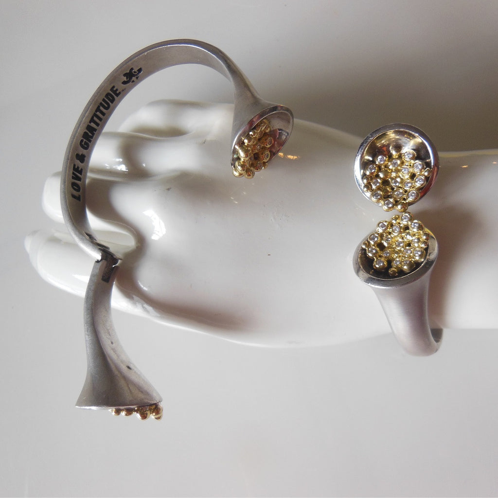 Bowl of Overflowing Diamonds Bracelet. Sterling cuff with 18K gold dots of diamonds-6