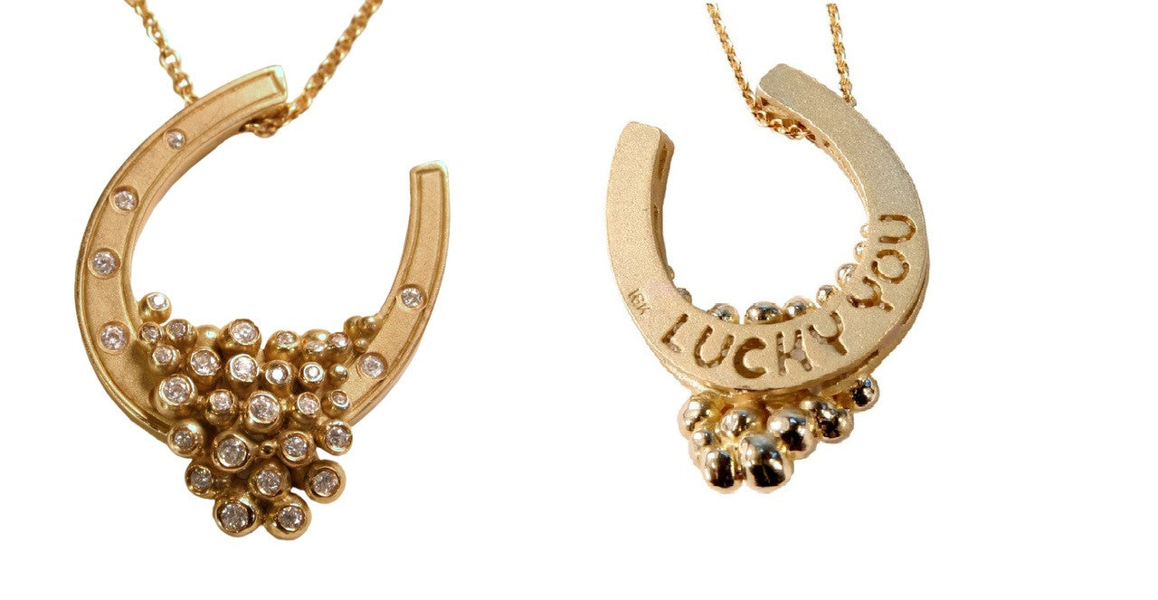 "Lucky You" Equestrian Horseshoe Necklace, Sterling Silver, 18K Gold Micron Plate, Overflowing Diamonds-7