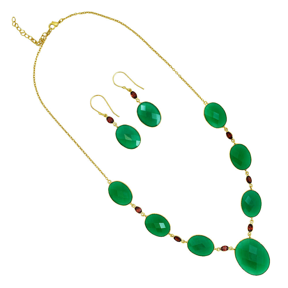 18K Gold Over Brass Green Onyx and Garnet Necklace Earrings Set TT01005-0