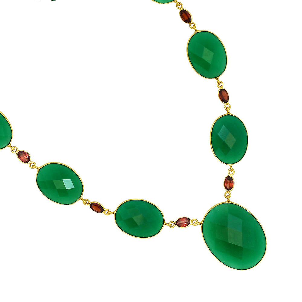 18K Gold Over Brass Green Onyx and Garnet Necklace Earrings Set TT01005-1