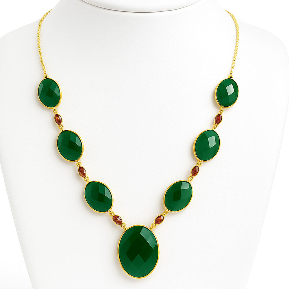 18K Gold Over Brass Green Onyx and Garnet Necklace Earrings Set TT01005-2