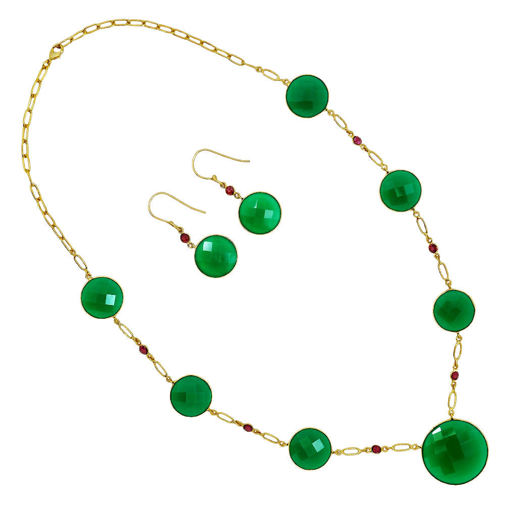18K Gold Over Brass Green Onyx and Garnet Necklace Earrings Set TT01006-0