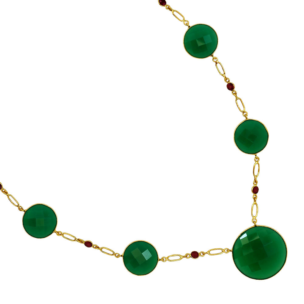 18K Gold Over Brass Green Onyx and Garnet Necklace Earrings Set TT01006-1