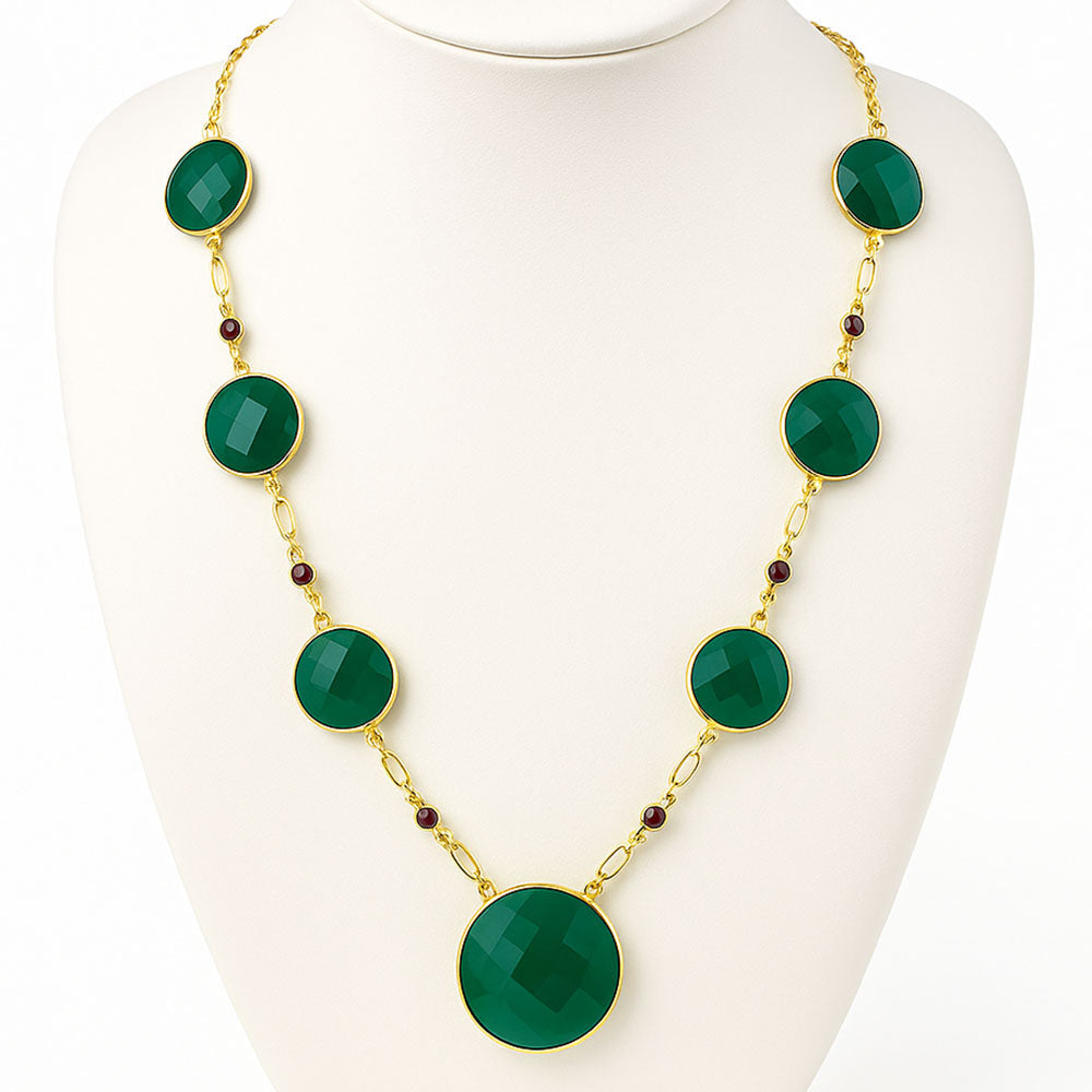 18K Gold Over Brass Green Onyx and Garnet Necklace Earrings Set TT01006-2