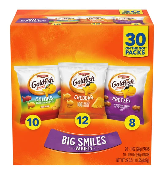 Goldfish Crackers Big Smiles with Cheddar, Colors, and Pretzel Crackers, Snack Pack, 30 CT Variety Pack Box