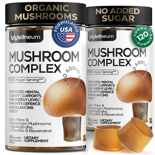Mushroom Gummies 5000 Mg for Adults Lion's Mane and 9 Adaptogenic Mushrooms Blend Ashwagandha L Theanine Organic Adaptogenic Mix for Energy Immunity and Focus No GMO Sugar Free 2 Pack