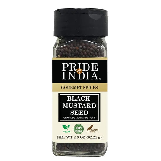 Pride of India | Black Mustard Seed 2.9 oz (82 gm) Small Dual Sifter Bottle | Gourmet & Vegan Indian Spice | Pungent/Spicy Flavor | Dry Seasoning | Gluten Free & Non-Bioengineered | Easy to Use