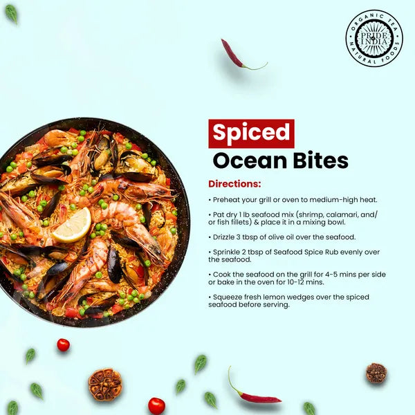 Pride of India Seafood Spice Rub 2.3 oz (65 gm) w/ Convenient Dual Sifter Cap Savory Salty All Purpose Seasoning | Used for Grilling Marinating Broiling Baking Pan Searing | Vegan Gluten Free-