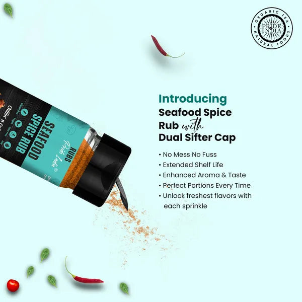 Pride of India Seafood Spice Rub 2.3 oz (65 gm) w/ Convenient Dual Sifter Cap Savory Salty All Purpose Seasoning | Used for Grilling Marinating Broiling Baking Pan Searing | Vegan Gluten Free-