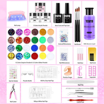 Professional Acrylic Nail Kit, with Pink Nail UV LED lamps, Acrylic Powders, Base Top Coat, Nail Tips, Rhinestones, Nail Decorations and Nail Art Tools
